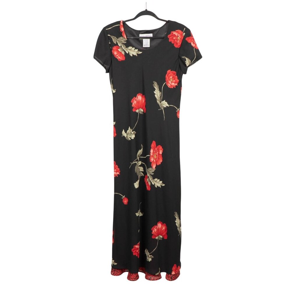 Jessica Howard Floral Maxi Dress 12 VTG 90s Black Red Short Sleeves Ruffle Hem - Picture 1 of 6